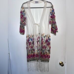 White Sheer Floral Embroidered Kimono